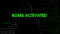 Faceless male hacker remotely activating bomb, terrorism, cyber crime concept