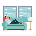 Faceless man reading sofa