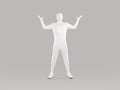 Faceless man in white body suit standing with raised hands