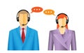 Faceless man and woman call center wearing headsets with colorful speech bubbles conceptual of client services and communication Royalty Free Stock Photo