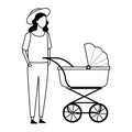 Faceless mother and baby carriage black and white Royalty Free Stock Photo