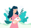 Faceless mother carefully holding newborn in arms vector illustration. Floral decoration flat style. Woman Take care of child.