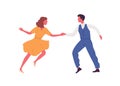 Faceless pair dancing lindy hop in 1950s style costumes. Retro couple holding hands and dance swing together. People on Royalty Free Stock Photo