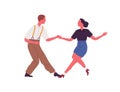 Faceless pair holding hands and dancing lindy hop dance together. Party time in retro rock n roll style. Couple of 1940s