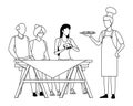 Faceless people barbecue table in black and white