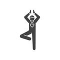 Faceless person stands in tree pose vrikshasana black glyph icon. Yoga pose. Asana. Home leisure. Vector isolated illustration