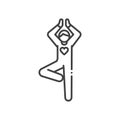 Faceless person stands in tree pose vrikshasana black line icon. Yoga pose. Asana. Home leisure. Vector isolated illustration.