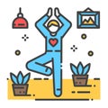 Faceless person stands in tree pose vrikshasana color line icon. Yoga pose. Asana. Home leisure. Vector isolated illustration.