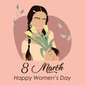 Faceless smiling girl with yellow tulips in her hand. 8 March Happy Women\'s Day poster Royalty Free Stock Photo