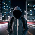 Faceless thief in hoodie standing at night in front of city Royalty Free Stock Photo