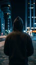 Faceless thief in hoodie standing at night in front of city Royalty Free Stock Photo