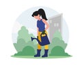 Faceless volunteer girl watering ground from watering can vector