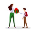 Faceless Woman Giving Present Box to Child Boy. Royalty Free Stock Photo