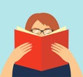 Faceless woman in glasses holding an open book in his hands. Education symbol. Vector illustration of student learning. Royalty Free Stock Photo