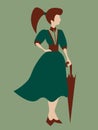 Faceless woman in green retro clothes standing with umbrella