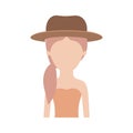 Faceless woman half body with hat and strapless dress with pigtail hairstyle in colorful silhouette