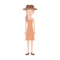 Faceless woman with hat and strapless dress and heel shoes with pigtail hairstyle in colorful silhouette