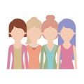 Faceless women in half body with casual clothes and long straight and short hair and collected and ponytail in colorful