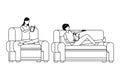 Faceless women relax with cat living room in black and white Royalty Free Stock Photo