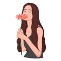 Faceless young woman holding red flower. Portrait of asian woman in faceless flat style. Beauty, fashion face portrait. Beautiful Royalty Free Stock Photo