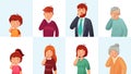Facepalm gesture. Disappointed people embarrassed faces, hide face behind palm and shame gestures cartoon vector
