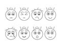 Set of boys heads with different emotions, Black outline illustrated faces