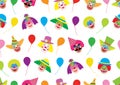 Faces of clowns and balloons. Seamless pattern