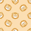 Faces of a cute little lion cub, cat footprints. Cute animal faces on beige background