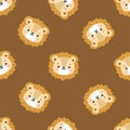 Faces of a cute little lion cub, cat footprints. Cute animal faces on dark brown background Royalty Free Stock Photo