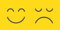 Faces with happy smile and sad. Unhappy smiley on yellow background. Icon in line style. Cartoon logo with emoji. Mouth after