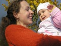 Faces mother with baby on autumn leaves Royalty Free Stock Photo