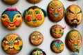 Faces painted on woven round bamboo trays in Hanoi