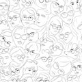 Faces of people in glasses - seamless pattern background. Hand drawn line sketch girls and boys face with sunglasses