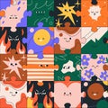 Faces on puzzle pieces, seamless pattern design. Cute characters, happy and sad emotions, facial expressions, endless Royalty Free Stock Photo