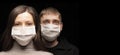 Faces of a woman and a man in coronavirus anti- infective masks close-up. copy space , portrait on a black background