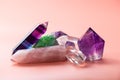 Faceted amethyst, rose quartz, fluorite, rock crystal, quartz cluster taken close up. Various crystals for healing