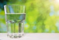 Faceted glass of water on nature background. Royalty Free Stock Photo