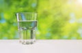 Faceted glass of water on nature background. Royalty Free Stock Photo