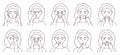 Facial acupressure massage therapy technique. Female character massaging face acupressure points, vector illustration.