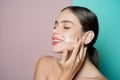 Facial care for female. Keep skin hydrated regularly moisturizing cream. Fresh healthy skin concept. Taking good care of Royalty Free Stock Photo