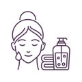 Facial cleansing black line icon. Young female and soap and towel. Skin care. SPA, Cosmetic procedures. Pictogram for web page,