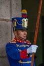 Facial closeup of 1 Granaderos de Tarqui in front of Presidental Palace, Quito, Ecuador