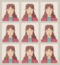 Facial expressions of a businesswoman. Flat