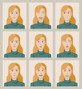 Facial expressions of a young woman. Flat