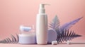 a facial foam bottle with a brush, a facewash dispenser, and an array of beauty skincare products, AI Generated Royalty Free Stock Photo