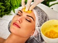 Facial mask from fruits for woman. Girl in medical hat. Royalty Free Stock Photo
