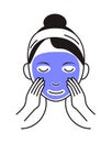 Facial mask sheet applying icon vector. Girl shows how to cleaning, whiting face and use cosmetic mask. Info-graphic in outline