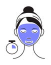 Facial mask sheet applying icon vector. Girl shows how to cleaning, whiting face and use cosmetic mask. Info-graphic in outline