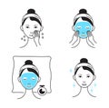 Facial mask sheet applying vector. Girl shows steps how to cleaning, whiting face and use cosmetic mask. Info-graphic in