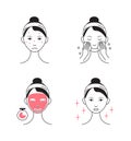 Facial mask sheet applying vector. Girl shows steps how to cleaning, whiting face and use cosmetic mask. Info-graphic in